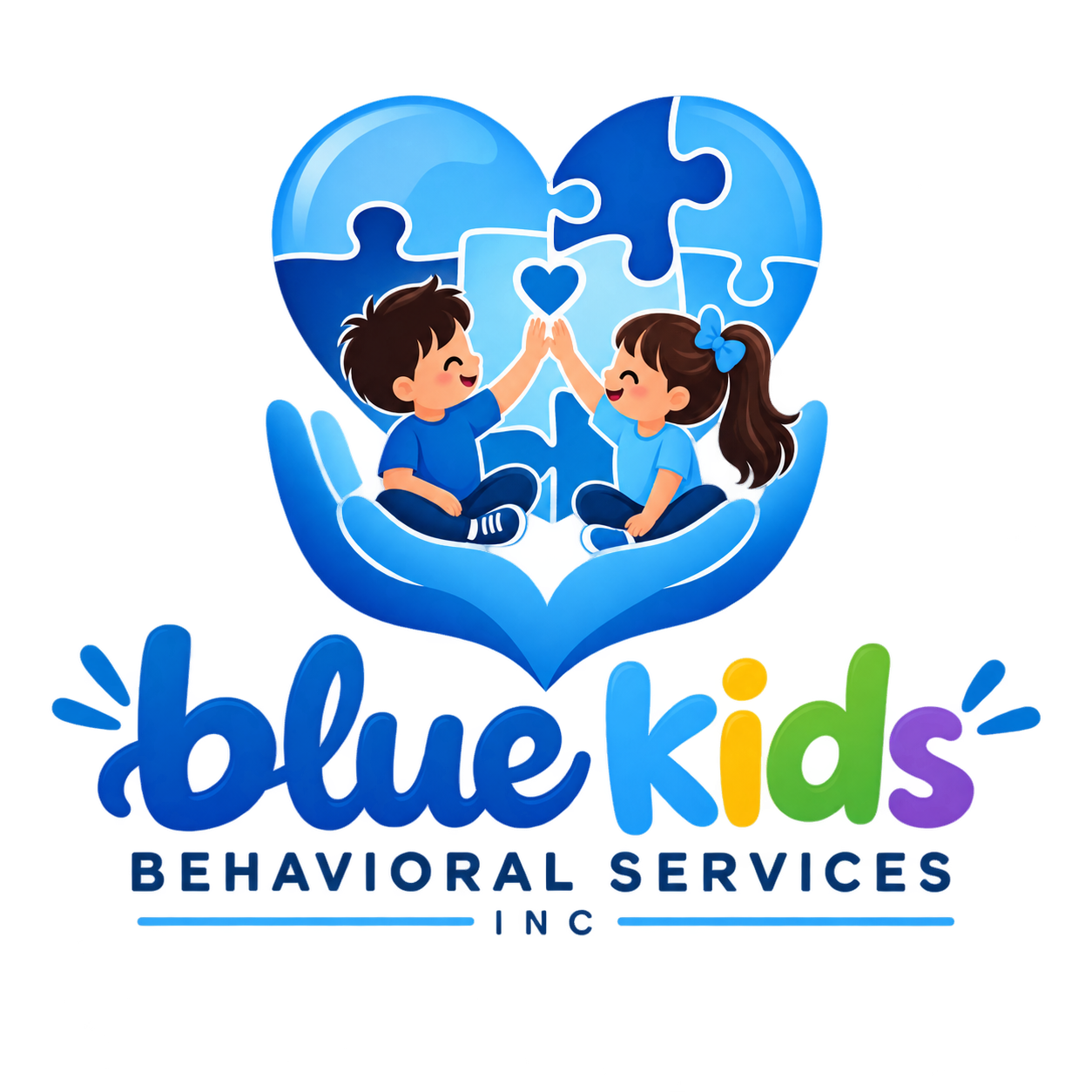 Logo oficial de Blue Kids Behavioral Services Inc.: dos niños, un corazón y manos azules